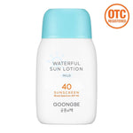 White sun lotion bottle with blue cap on a white background, featuring the brand 'GOONGBE'.
