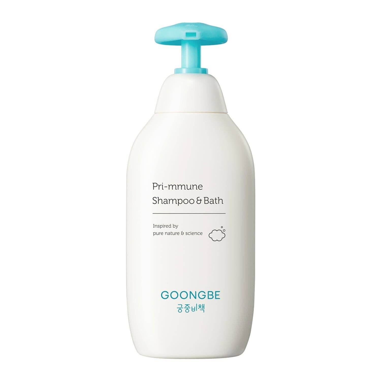 GOONGBE shampoo and bath bottle with blue pump on a white background