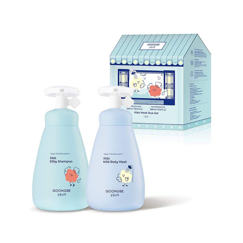 Two bottles of GOONGBE Kids Shampoo and Body Wash with a packaging box on a white background