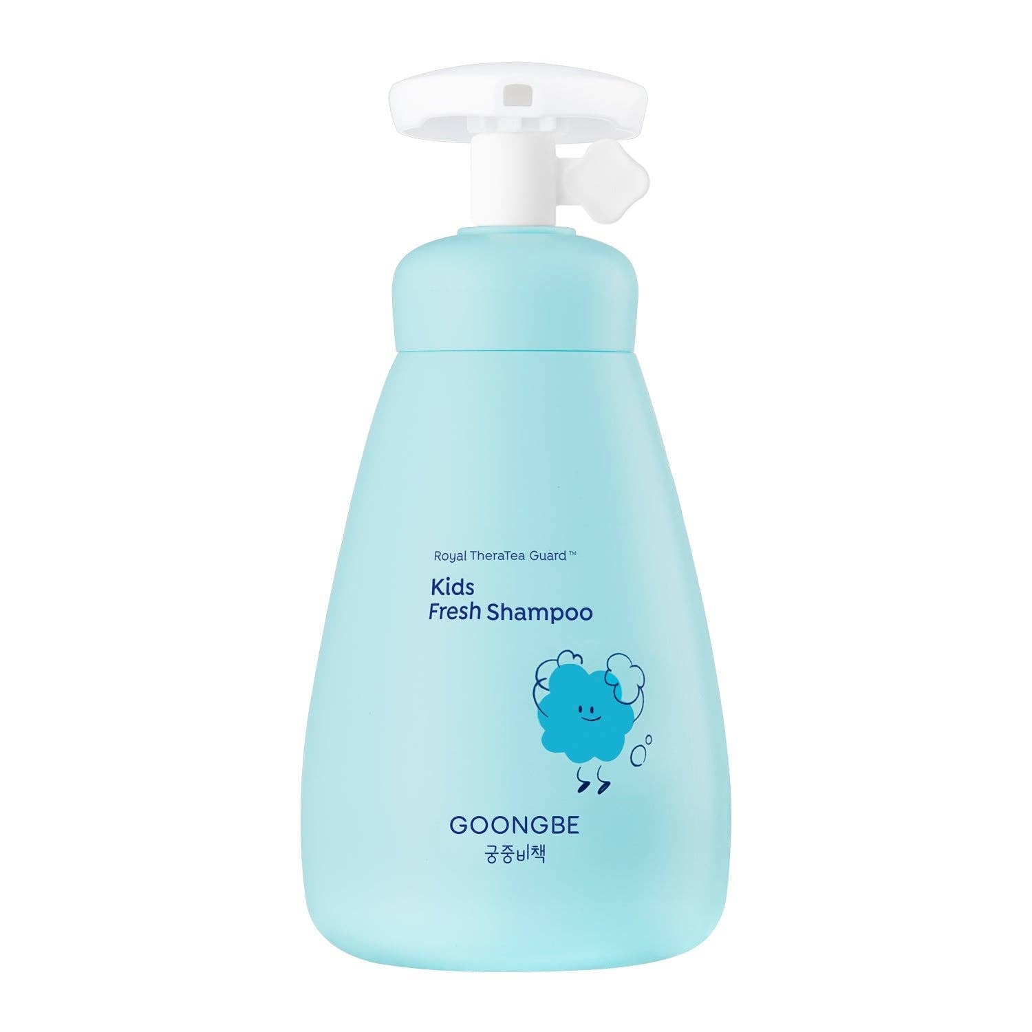 Blue bottle of GOONGBE Kids Fresh Shampoo on a white background