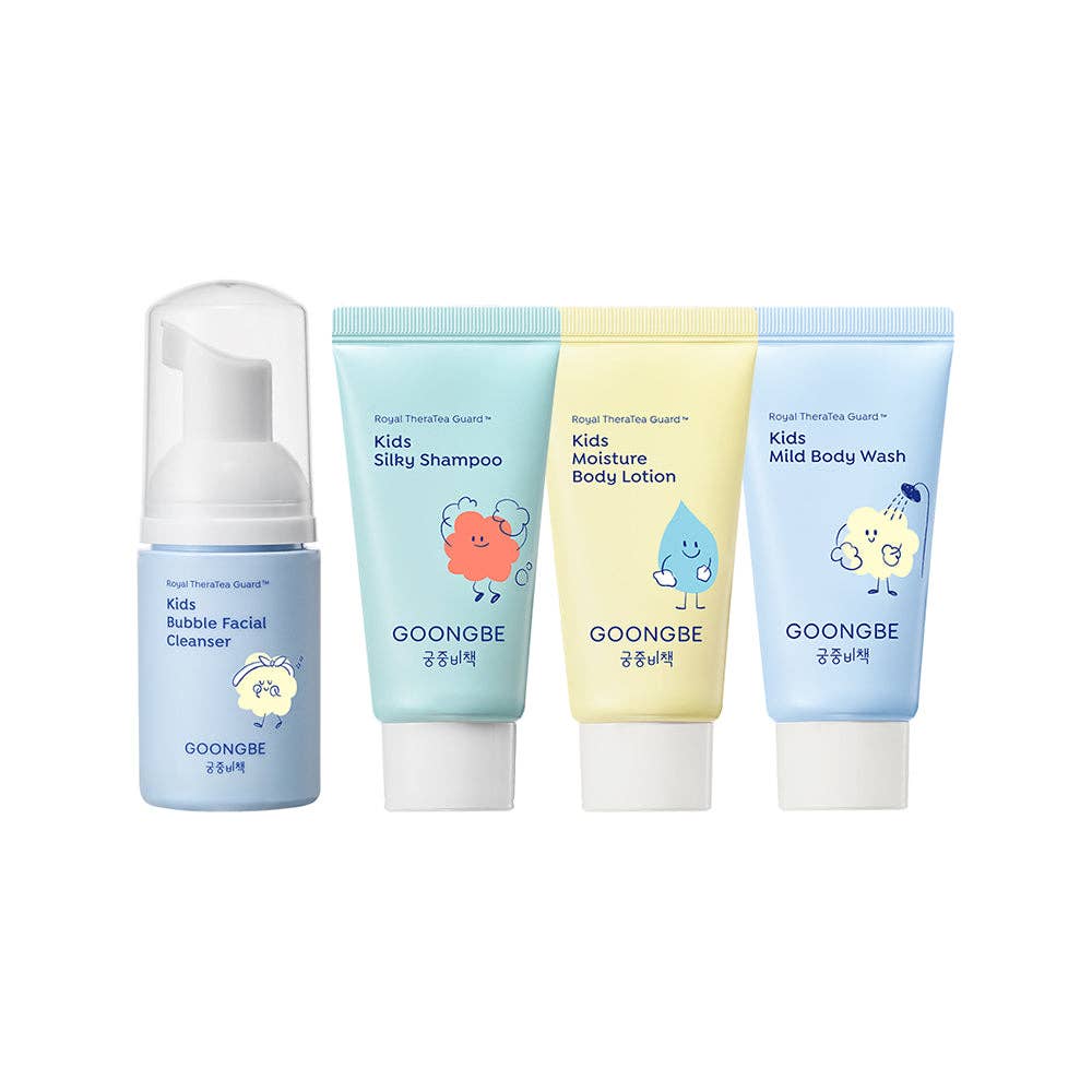 Set of GOONGBE children's skincare products on a white background