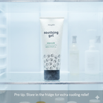 Tube of soothing gel in a refrigerator with text on the label.