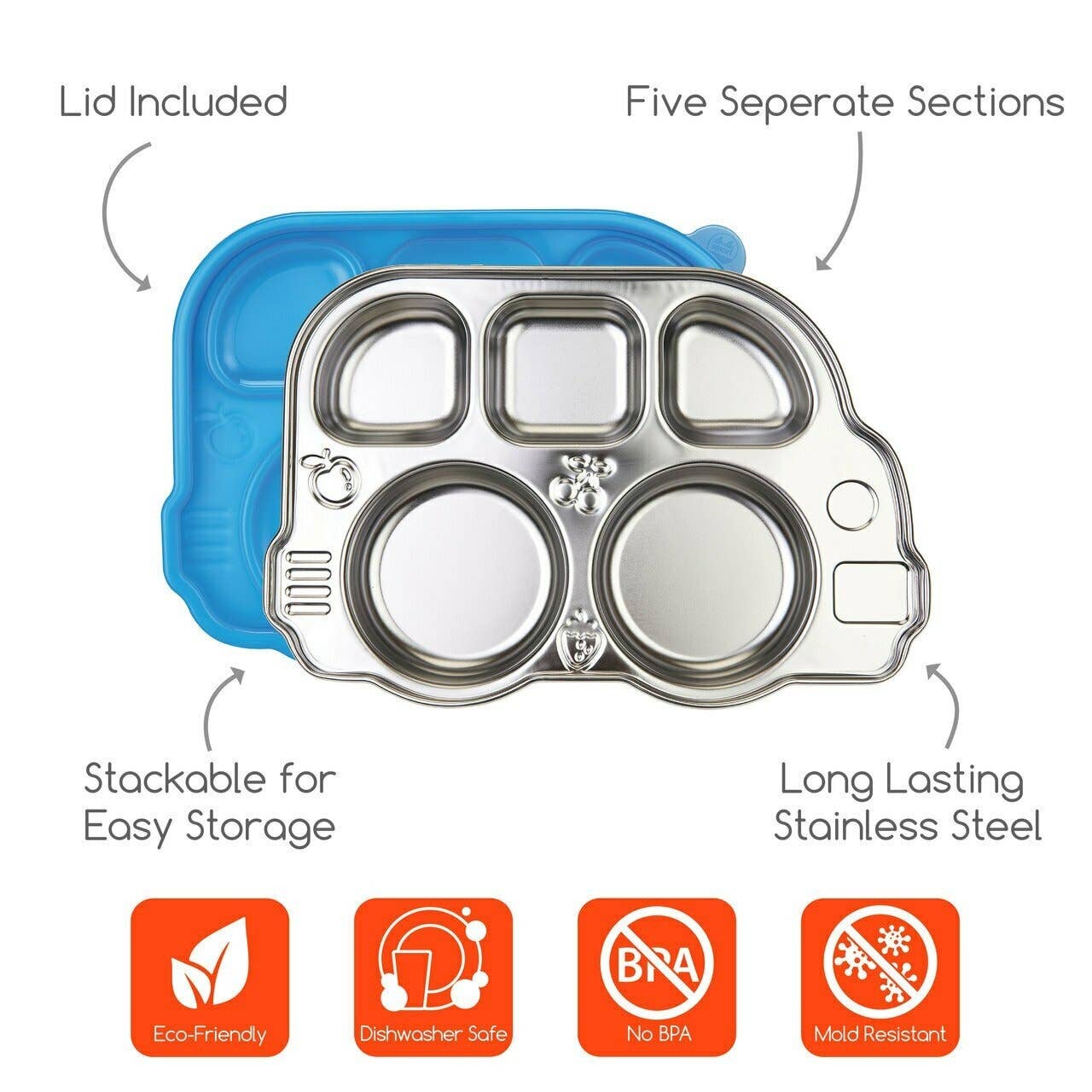 Stainless Steel Divided Plate w/Lid - Kid-Friendly Bus Shape - Umma Bear Shop